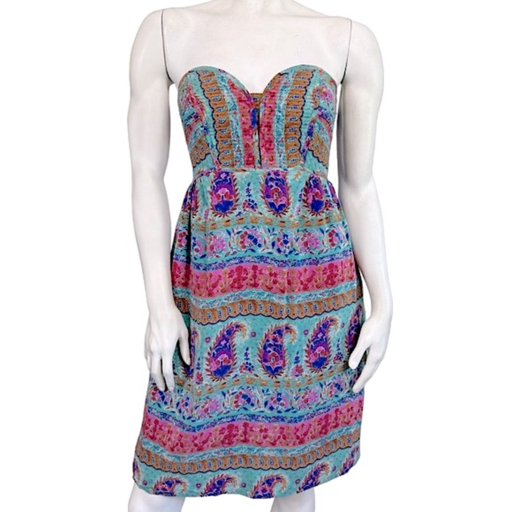 Anthropologie MAPLE Pink Blue Paisley Silk Quilted Strapless Mini Cocktail Dress